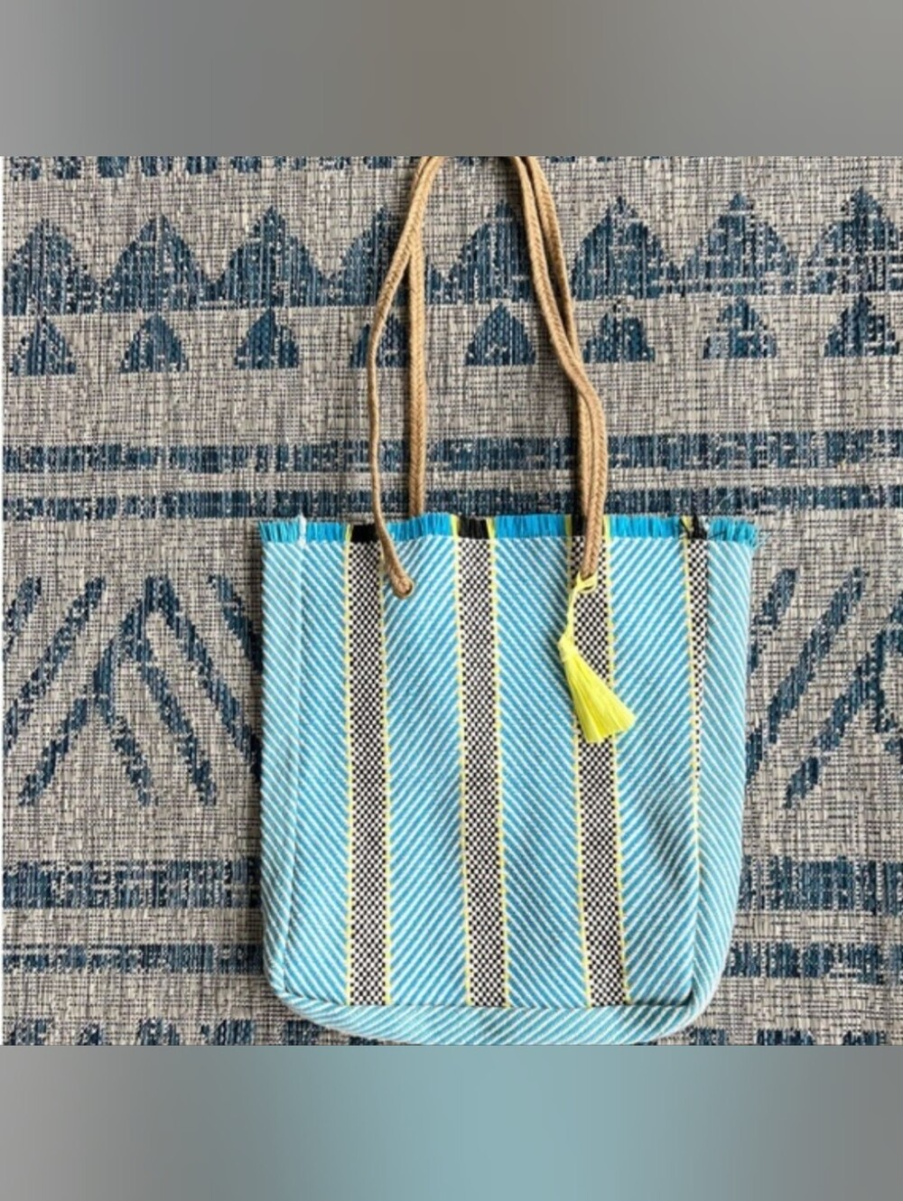 Boho Blue, Yellow, and Black Striped Tote Market Bag.